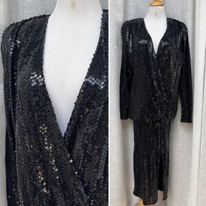 1980's Criscione Black Sequin Deep V Neck Party Dress USA made Sz 4